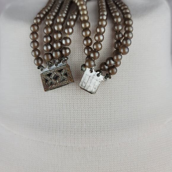 Vintage Faux Pearl Necklace Deep Bronze Choker Acrylic Layered Box Clasp - Picture 3 of 5